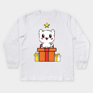Cute Cat on Christmas gift looking at a star Kids Long Sleeve T-Shirt